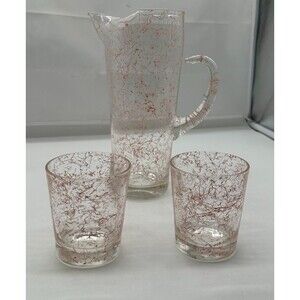 MCM ATLAS HAZEL Pitcher Pink Spaghetti Splatter Drizzle & 2 Old Fashioned Cups